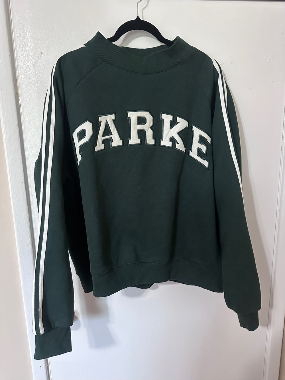 Parke Women's Dark Green Crewneck Sweater with White Stripe Detail